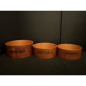 Vtg Mid Century Teak Wood 3 Pc Nesting Snack Bowl Set Pretzels Peanuts Chips